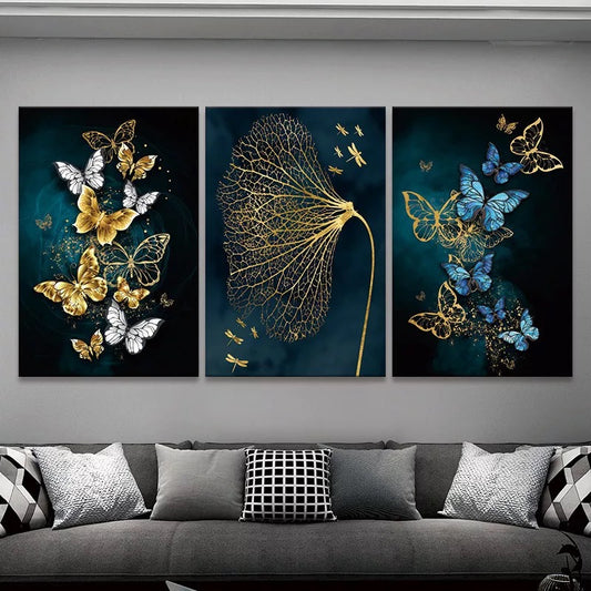 Beautiful Butterflies Art Wall Decor - Set of 3 Tiles with Gold, Blue, Black and White Print on Fabric Wrapped Around Wooden Frame - Perfect for Home or Office Decoration S04E29