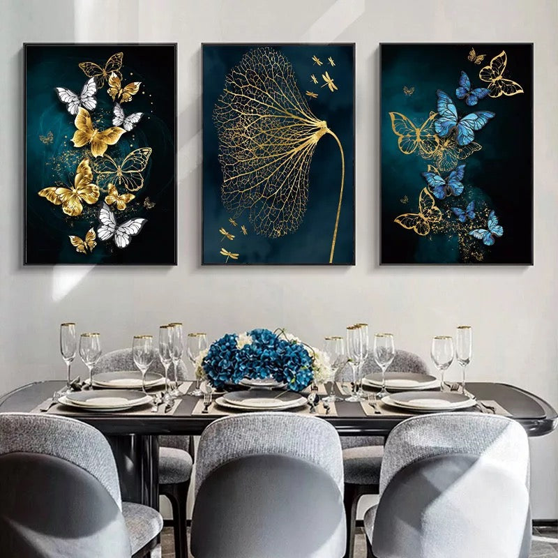 Beautiful Butterflies Art Wall Decor - Set of 3 Tiles with Gold, Blue, Black and White Print on Fabric Wrapped Around Wooden Frame - Perfect for Home or Office Decoration S04E29