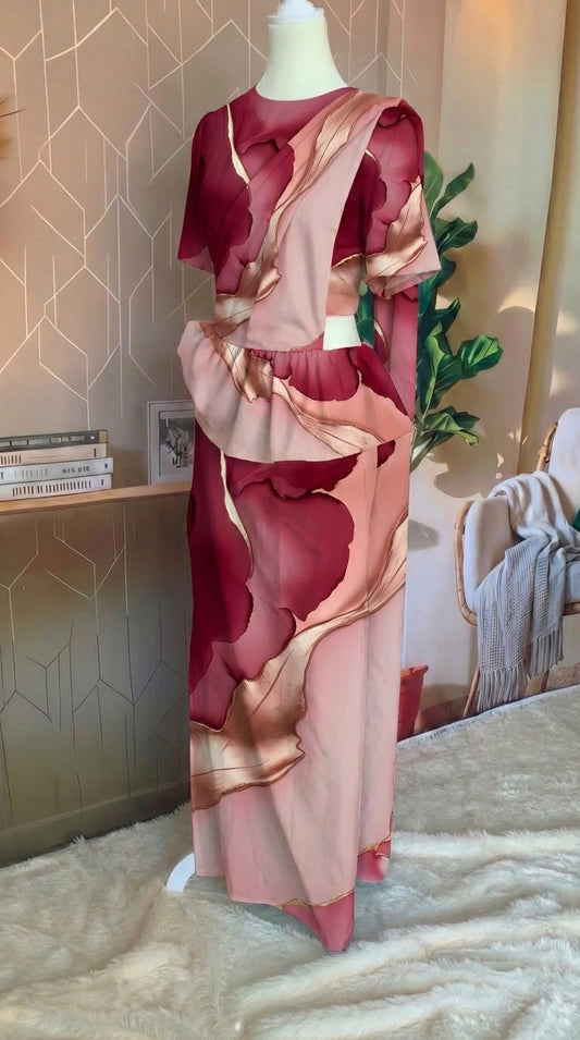 Ready made saree - Maroon gold flow