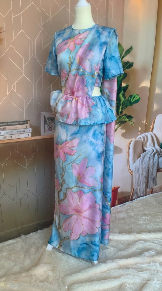 Ready made saree - Blue pink floral