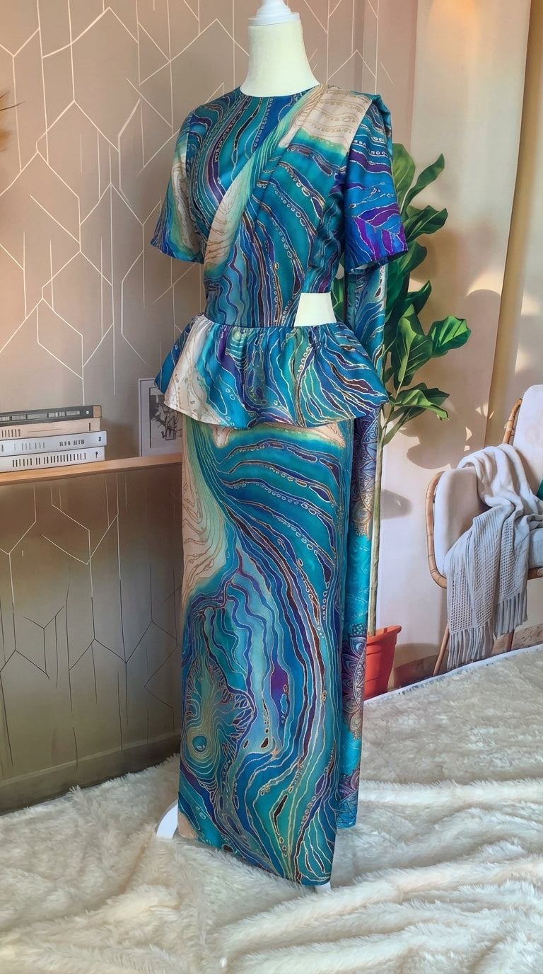 Ready made saree - Blue beige flow