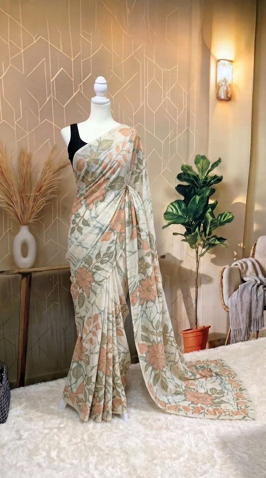 Pearl worked saree - Beige