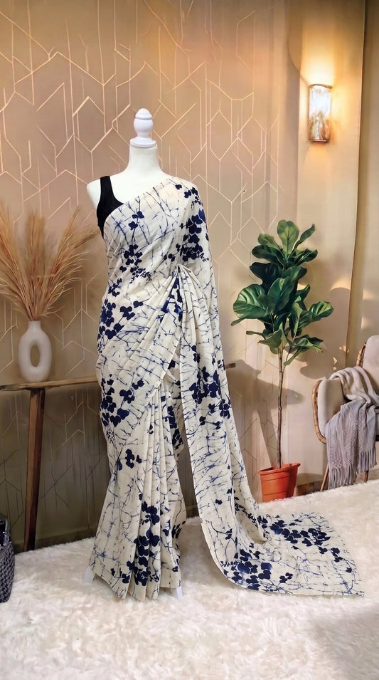 Pear worked saree - blue flower