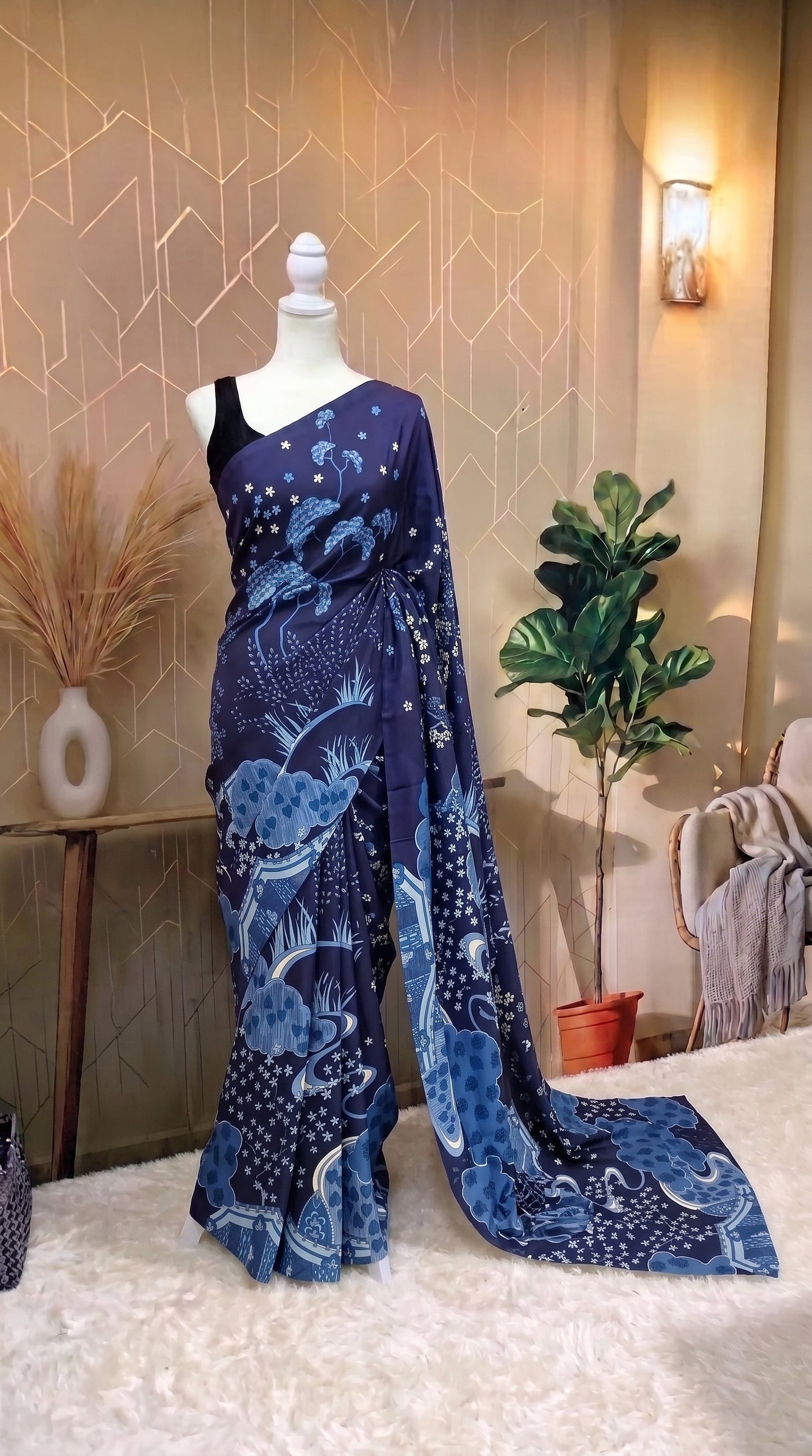 Pearl worked Saree - Dark Blue
