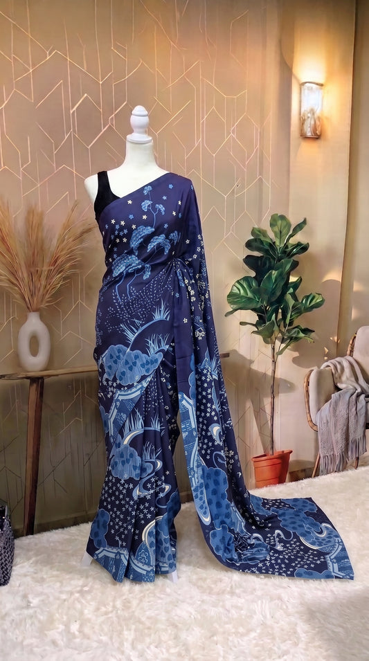 Pearl worked Saree - Dark Blue