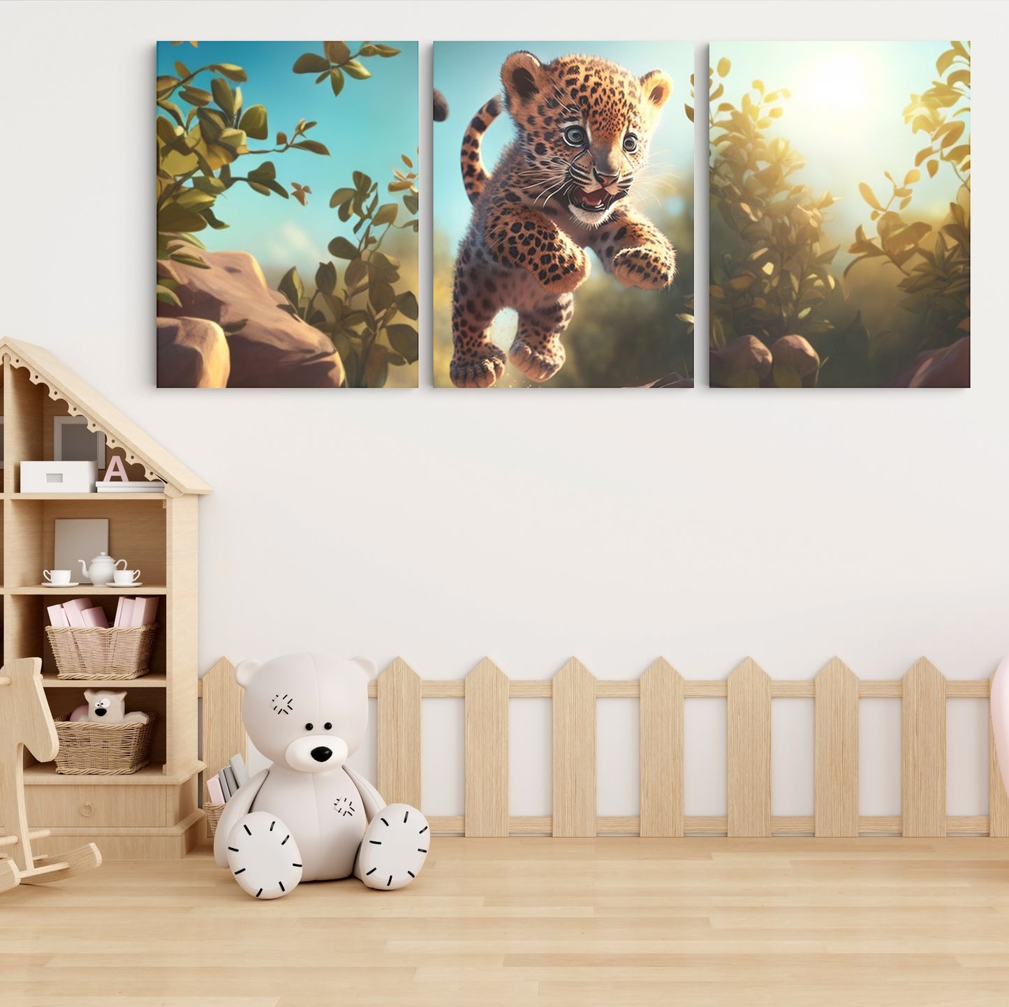 Whimsical Leap: A Wall Art Capturing the Playful Spirit of a Baby Leopard Jumping Over Stones in a Forest - Embrace the Joy of Nature's Marvels - S05E68