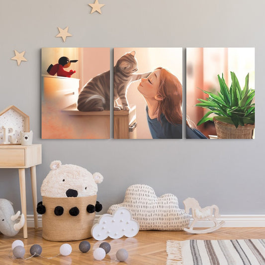 Guardian Whispers: A Wall Art Depicting a Cat's Gentle Touch on a Girl's Forehead - Embrace the Bond Between Feline Companions and Human Hearts - S05E74