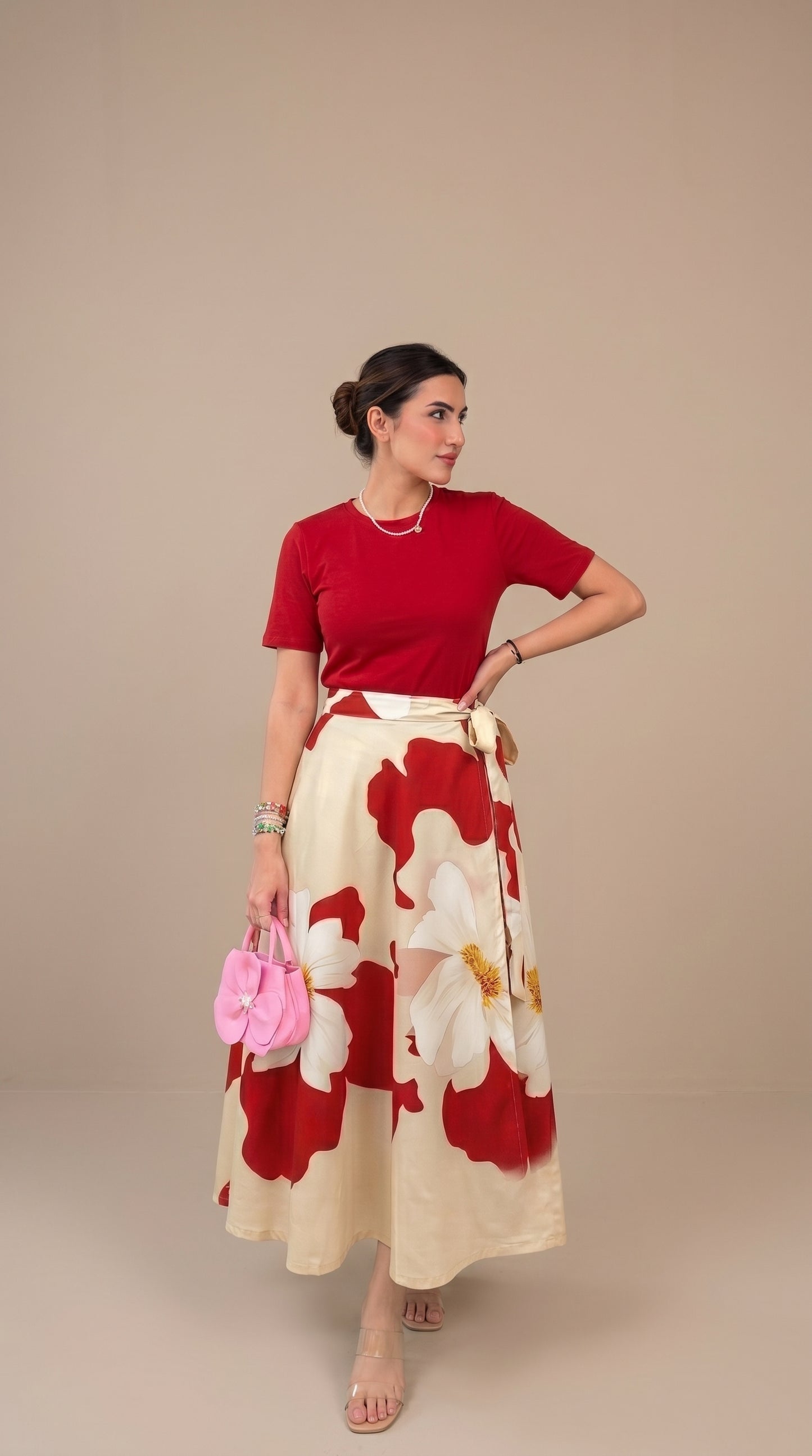 Wrap skirt - Floral Red beige
