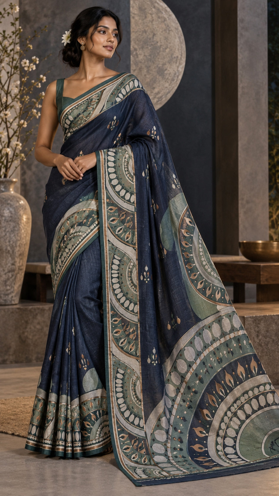 Navy Sage Mandala Saree — DD-SAR-2610-010