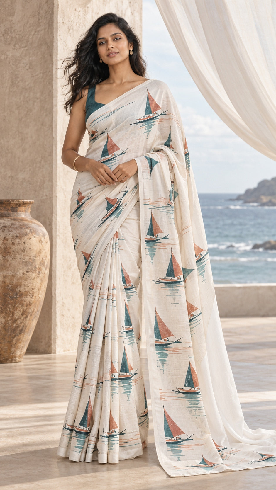 Ivory Sailboats Saree — DD-SAR-2610-018
