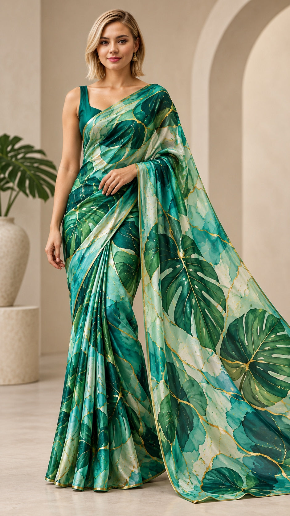 Emerald Tropical Leaves Saree — DD-SAR-2610-023