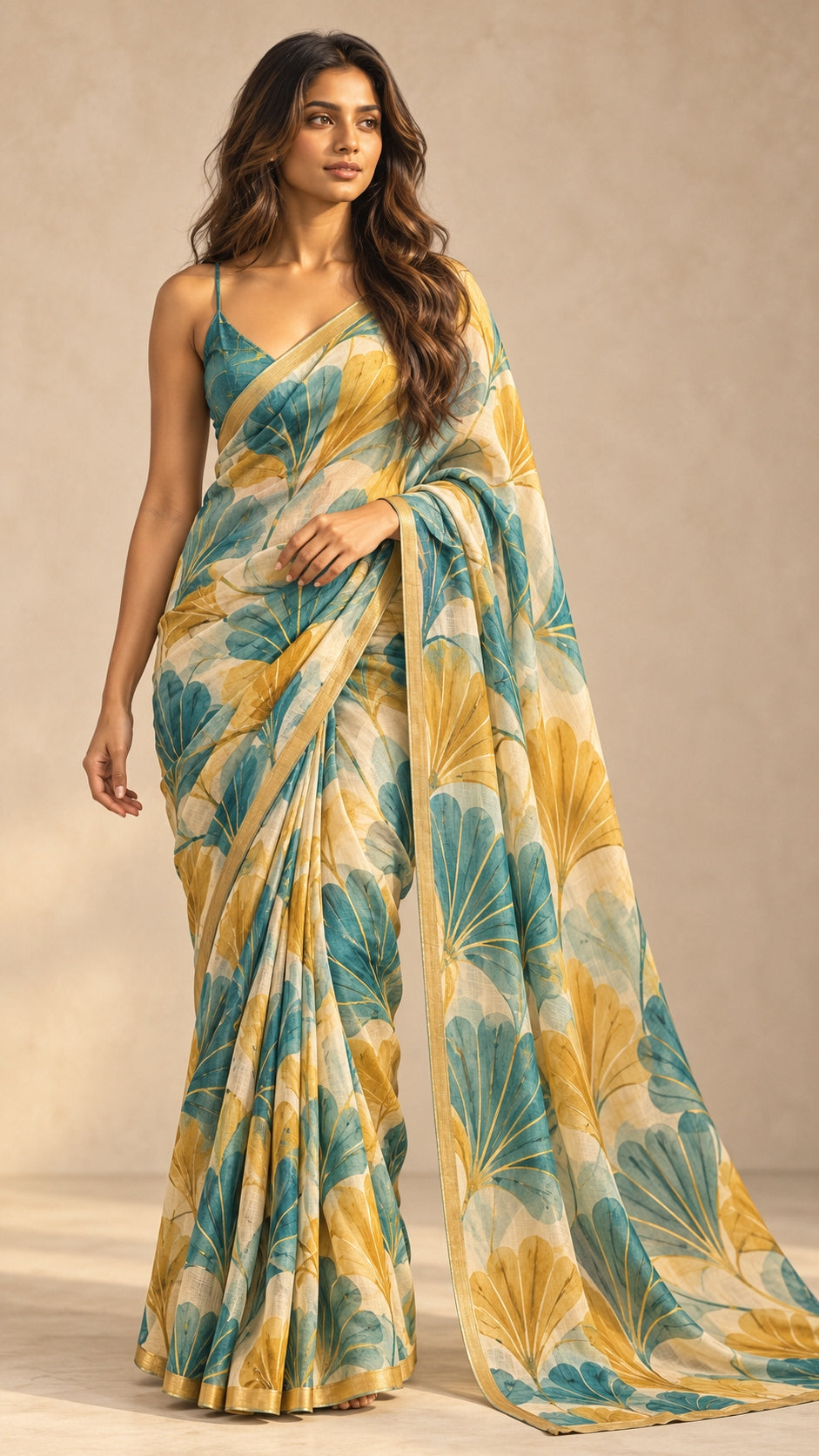 Golden Teal Ginkgo Saree — DD-SAR-2610-027