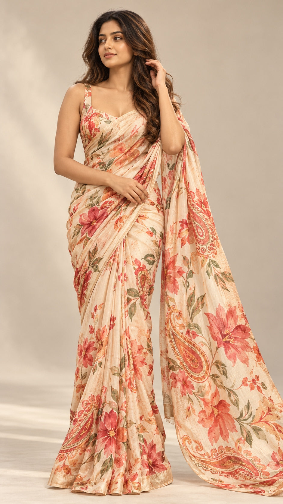 Coral Paisley Garden Saree — DD-SAR-2610-031