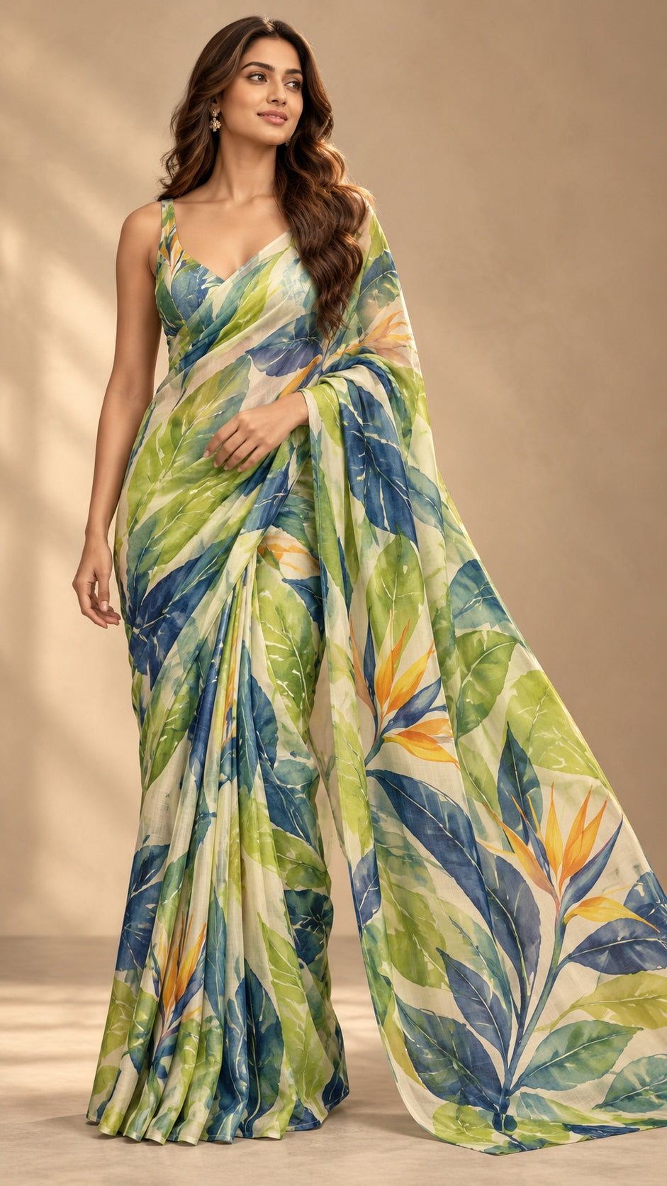 Lime Blue Botanicals Saree — DD-SAR-2610-033