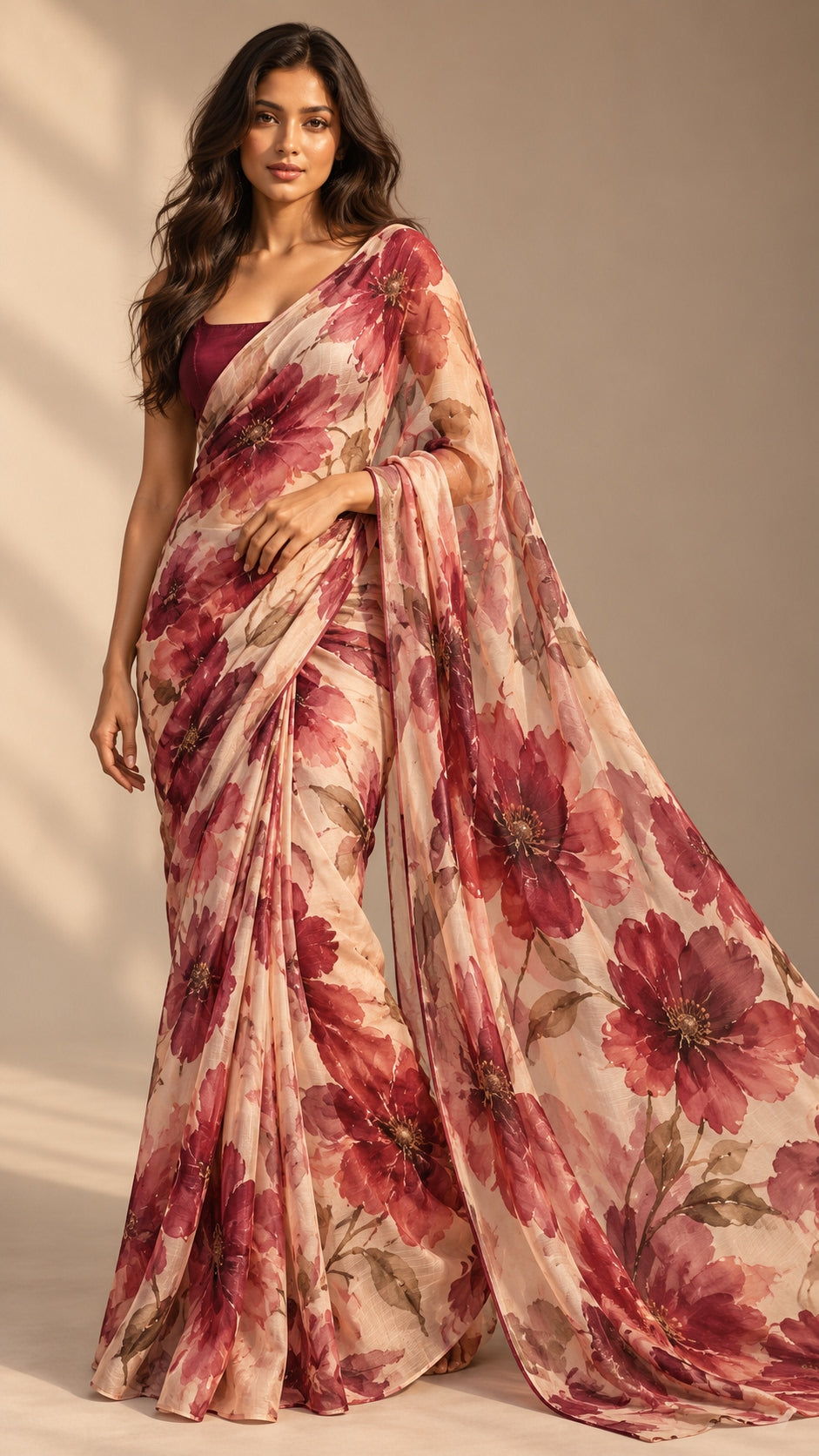 Burgundy Floral Garden Saree — DD-SAR-2610-034