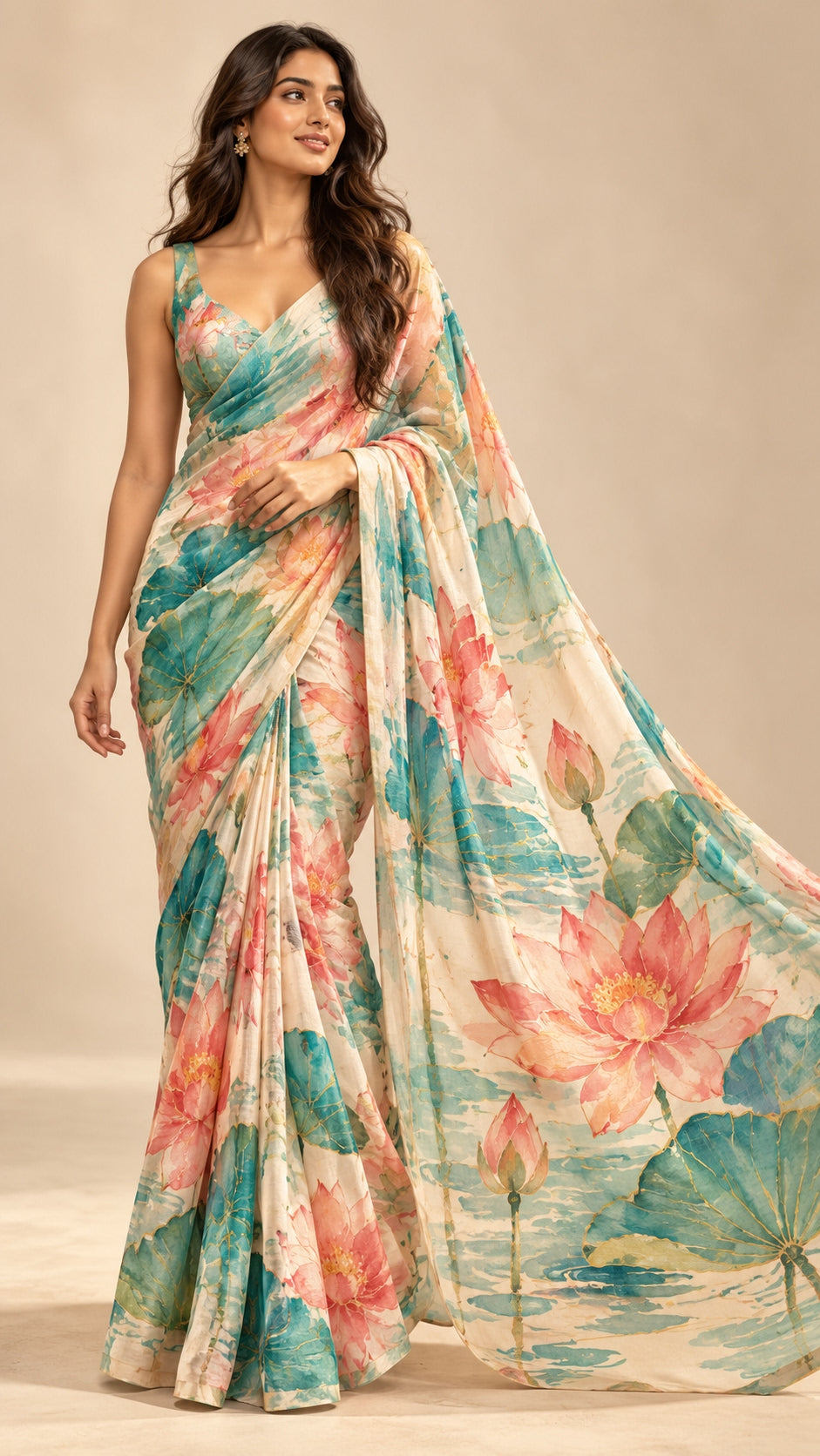 Teal Coral Lotus Saree — DD-SAR-2610-035