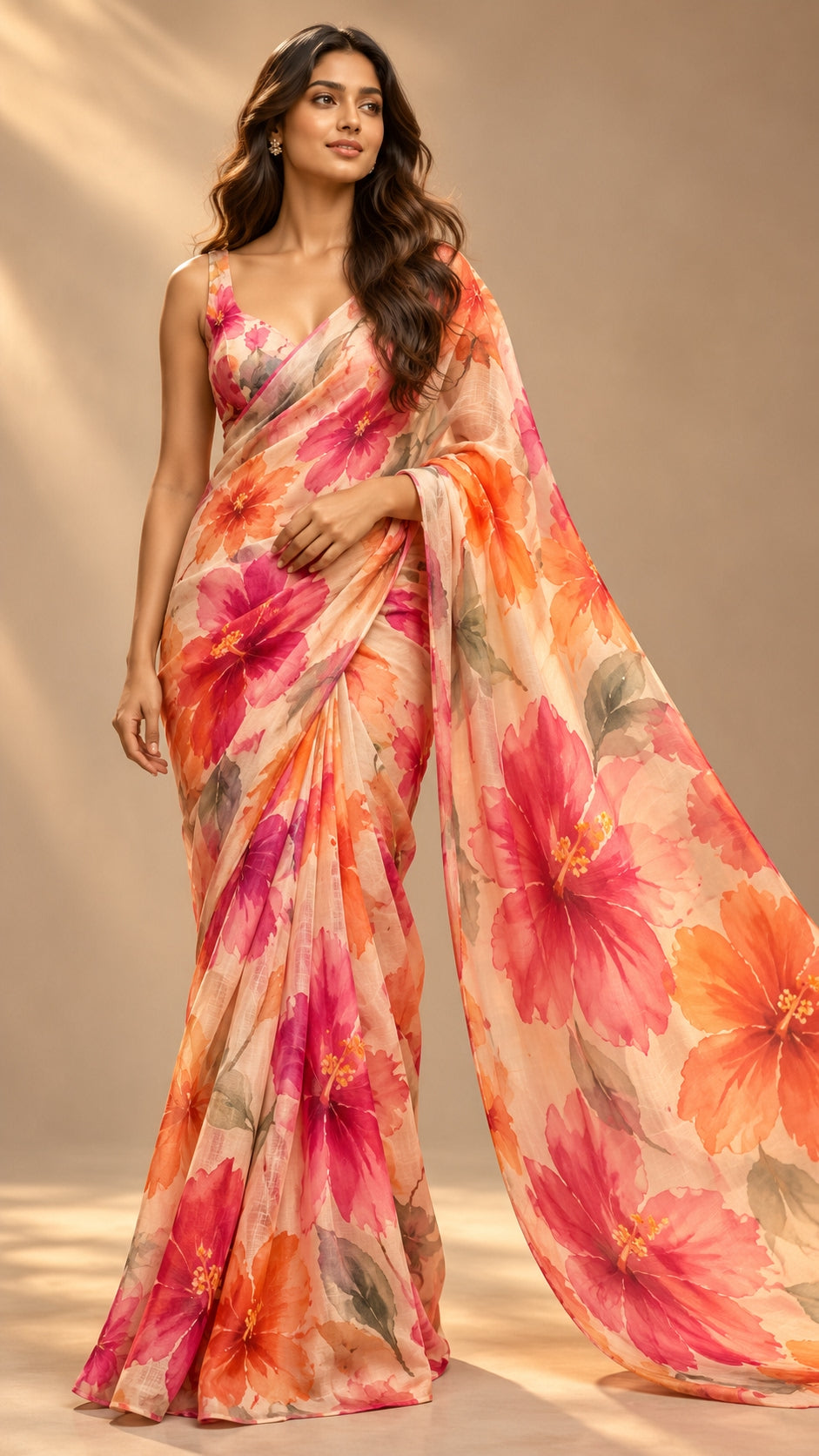 Coral Orange Blossoms Saree — DD-SAR-2610-038