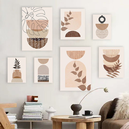 Monstera Leaves Geometric Abstract Boho Wall Art: Nordic Design in Beige for Living Room Decor S04E31