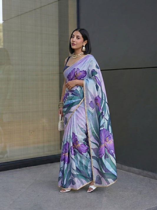 Saree purple - violet flower with leaves