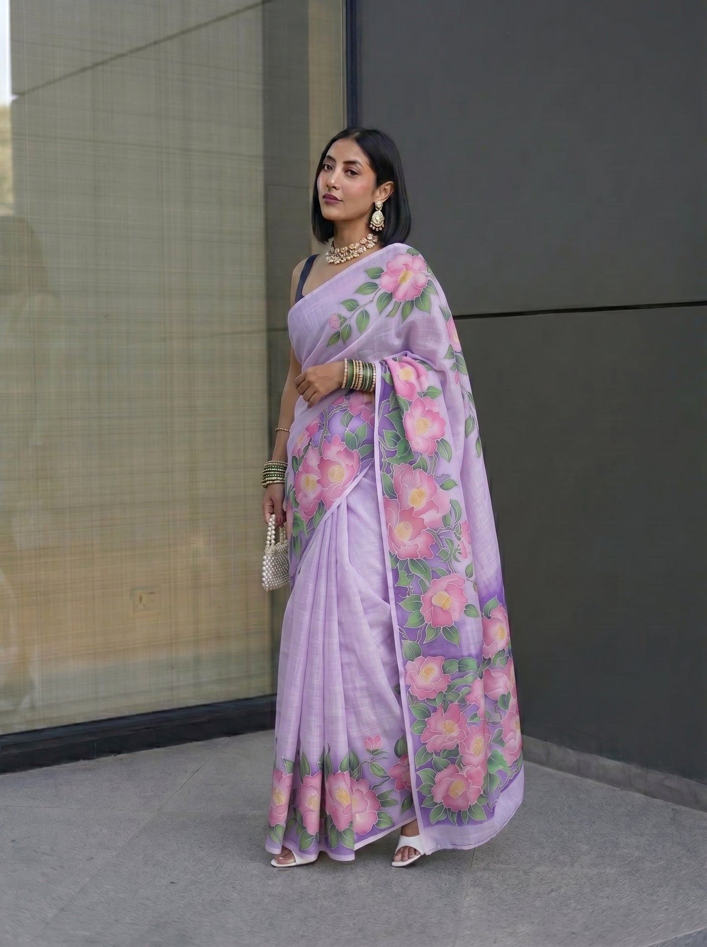 Saree purple - Pink flower boarder
