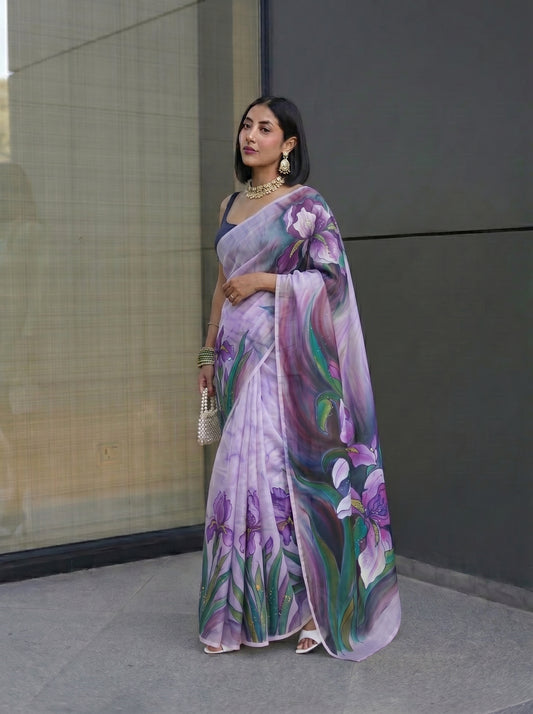 Saree purple - Dark violet flower design
