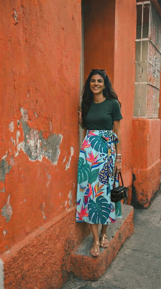 Wrap skirt - Modern blue green leaves