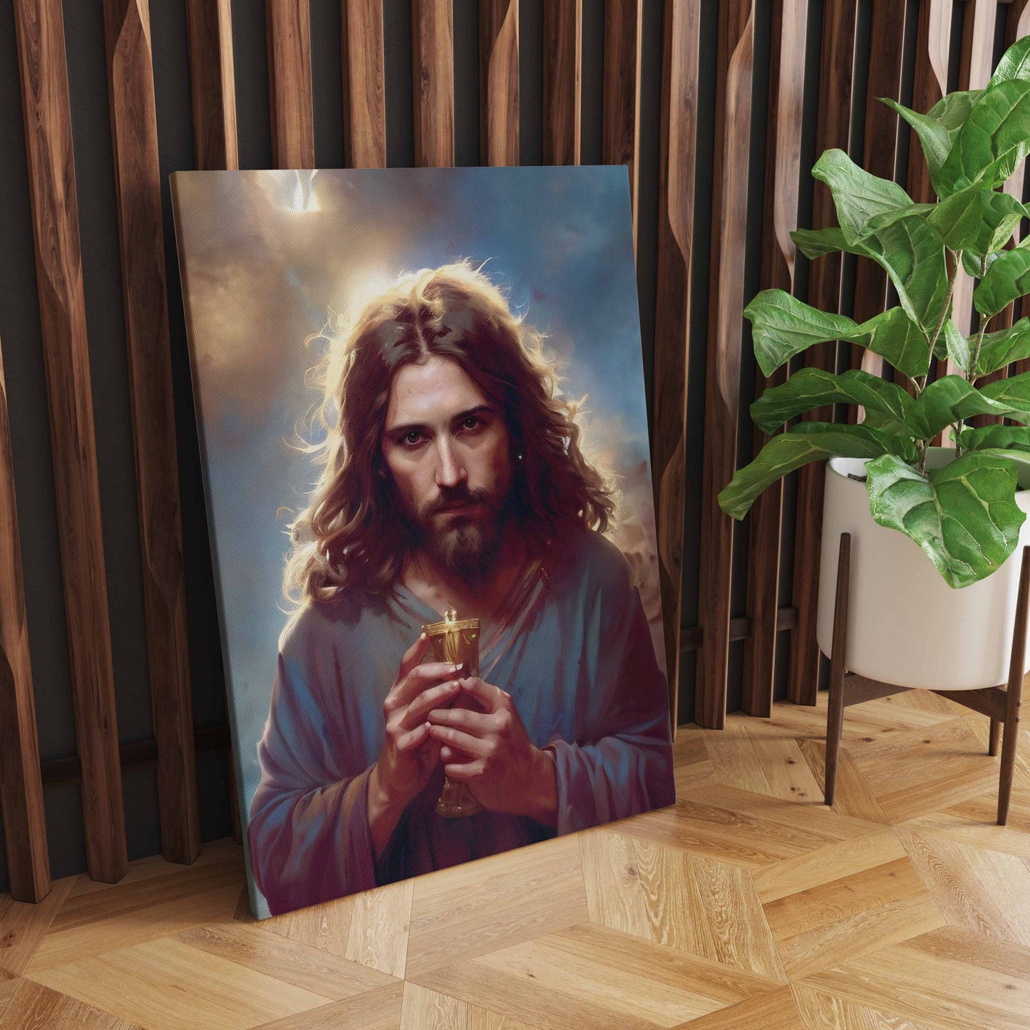 Sacred Libation: AI-Created Wall Art of Jesus Holding a Chalice - Symbol of Spiritual Nourishment and Redemption - S05E46