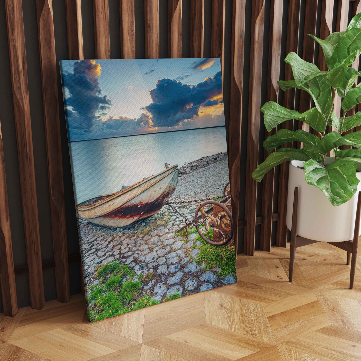 Serenity Shore: Tranquil Wall Art of a Boat by the Beach - Embrace the Calmness of Coastal Beauty - S05E43