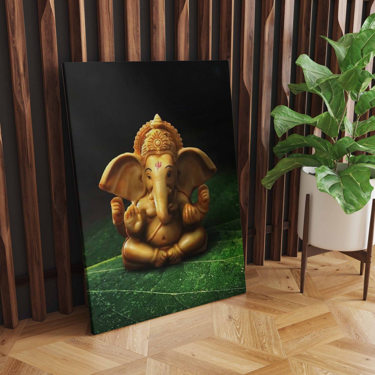 Divine Harmony: A Wall Art Capturing Ganesh Statue on a Leaf - Embrace the Symbolism of Balance and Spiritual Presence - S05E57