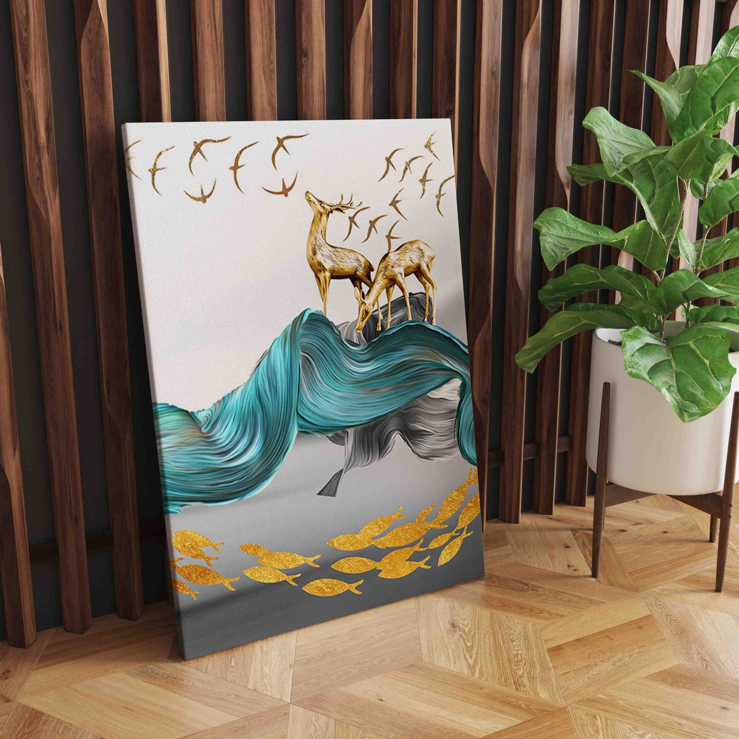 Golden Majesty: Nordic Abstract Golden Deer Painting Canvas Wall Art" - Gold Blue Wall Art Pictures For Living Room Modern Home Decoration S04E03