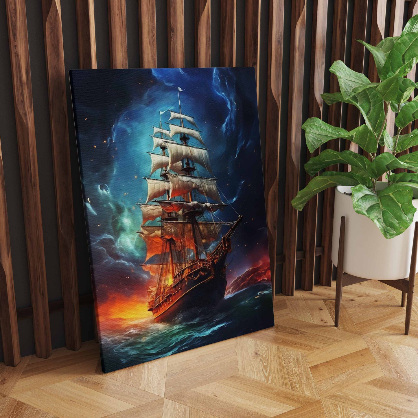 Journey to Resilience: A Wall Art Depicting an AI Sailing Ship Sailing Away from the Flames - Embrace Hope Amidst Adversity - S05E80