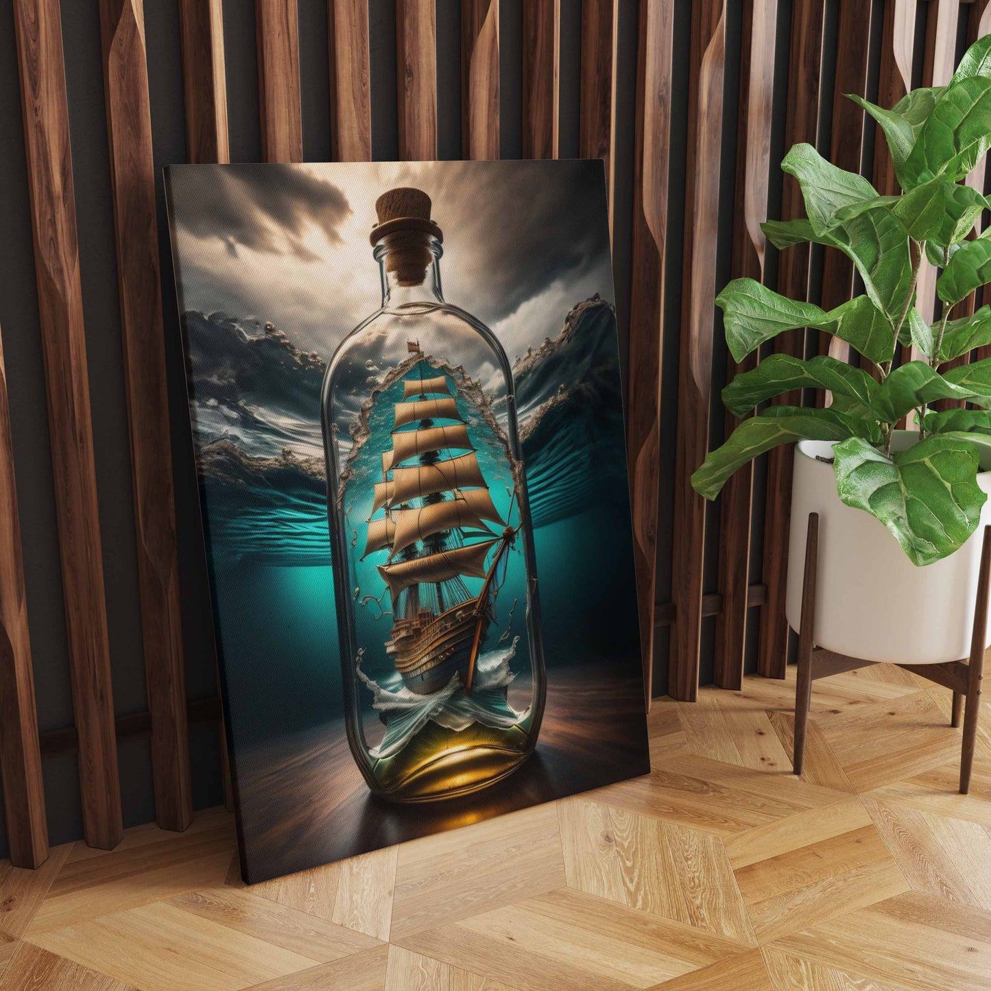 Uncharted Elegance: A Wall Art Capturing a Sailing Ship Encased in a Bottle Beneath the Ocean's Depths - A Captivating Fusion of Maritime Charm and Underwater Beauty - S05E81