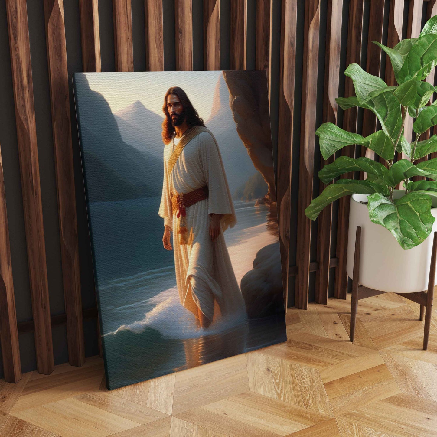 Divine Steps: AI-Generated Wall Art of Jesus Walking on the Beach - Embrace the Spiritual Journey Amidst Scenic Serenity - S05E30