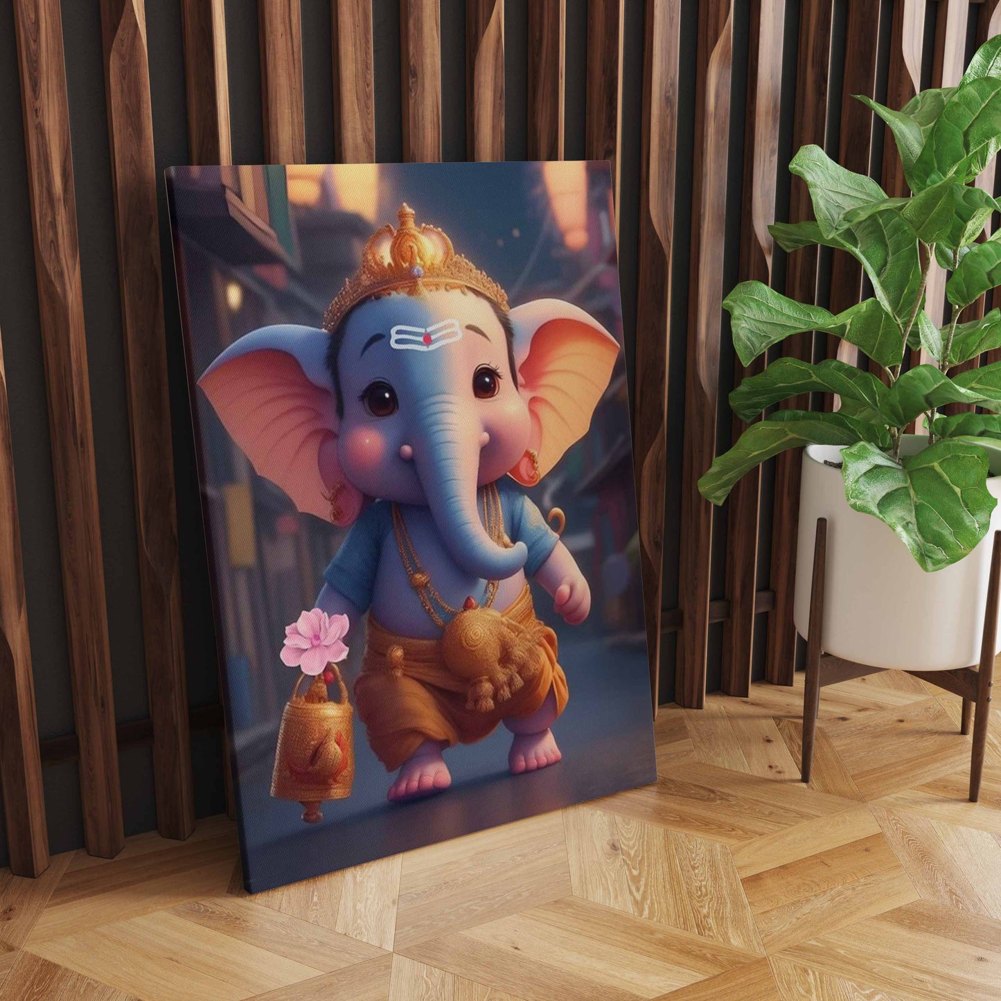 Celestial Stroll: A Wall Art Capturing Cute Ganesh Walking on the Road - Embrace the Playful Spirit of the Divine - S05E58
