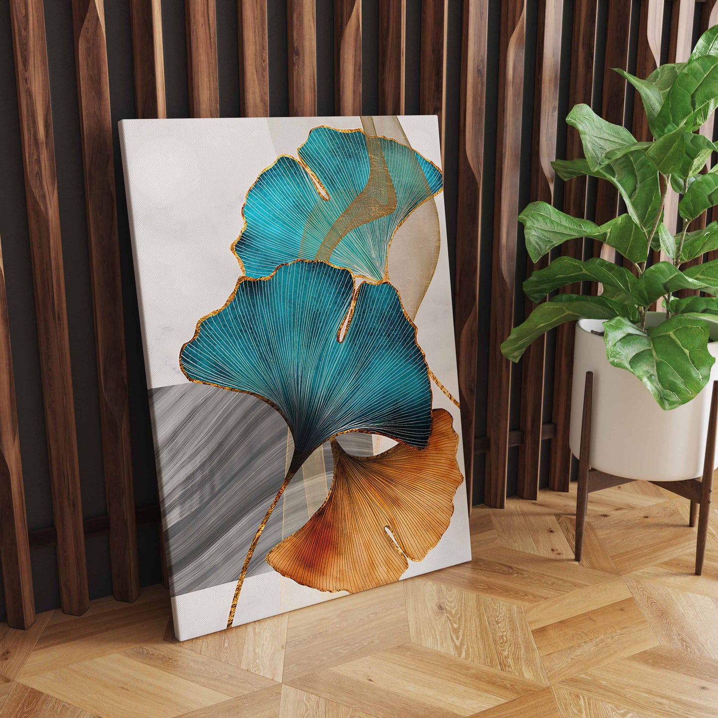 Blue Green Yellow Gold Leaf Plant Flower Canvas Wall Art Abstract Painting Wall Art Print" - Modern Pictures Living Room Decor S04E02