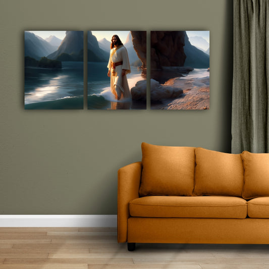 Divine Steps: AI-Generated Wall Art of Jesus Walking on the Beach - Embrace the Spiritual Journey Amidst Scenic Serenity - S05E30
