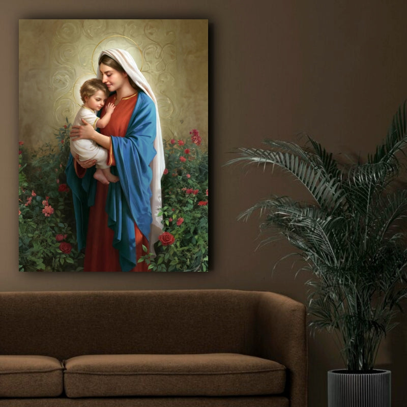 Tender Embrace: Mother Mary and Childhood Jesus - Serene Wall Art Celebrating the Unconditional Love and Sacred Bond between a Mother and Child - S05E34