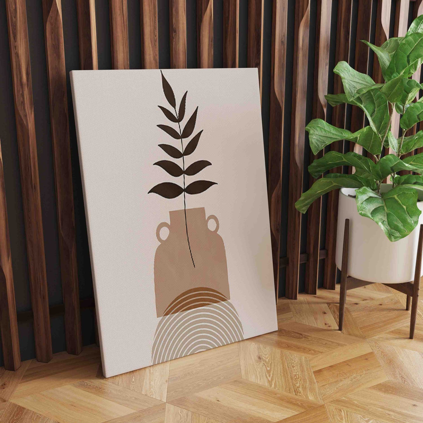 Monstera Leaves Geometric Abstract Boho Wall Art: Nordic Design in Beige for Living Room Decor S04E31
