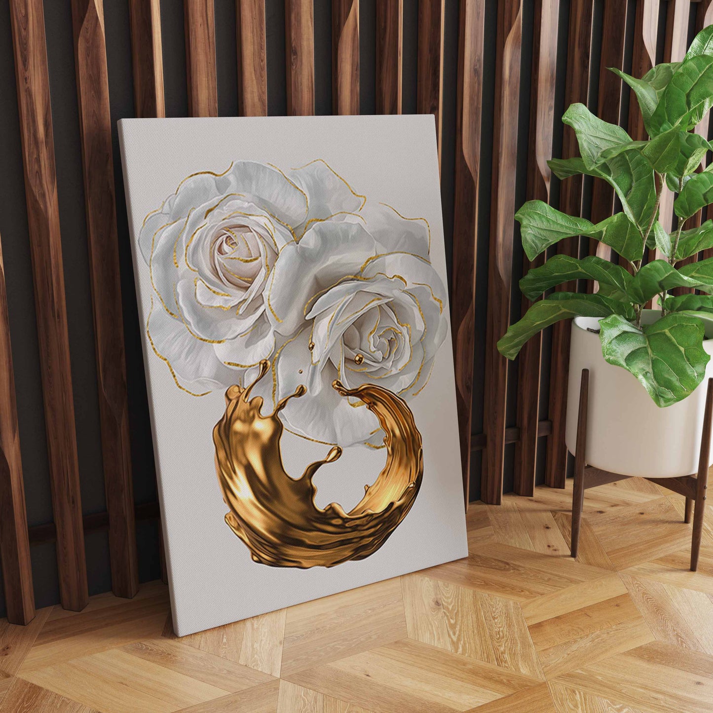 White Rose Flower Golden Ink Splash Abstract Wall Art, Modern Living Room Decoration S04E27