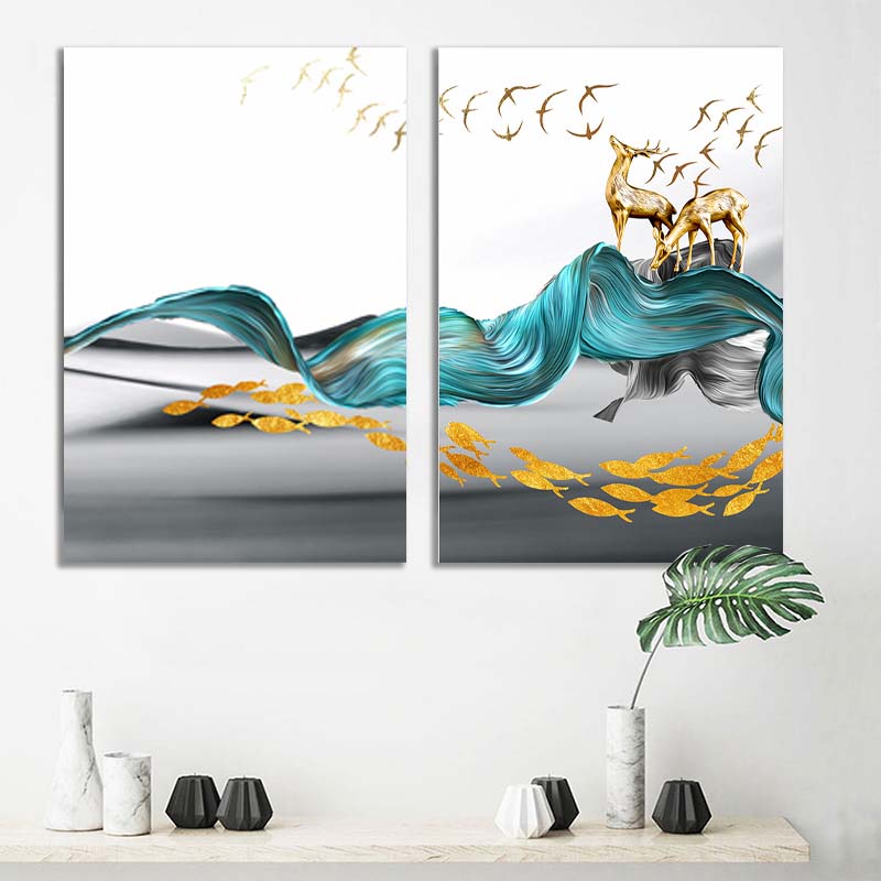Golden Majesty: Nordic Abstract Golden Deer Painting Canvas Wall Art" - Gold Blue Wall Art Pictures For Living Room Modern Home Decoration S04E03