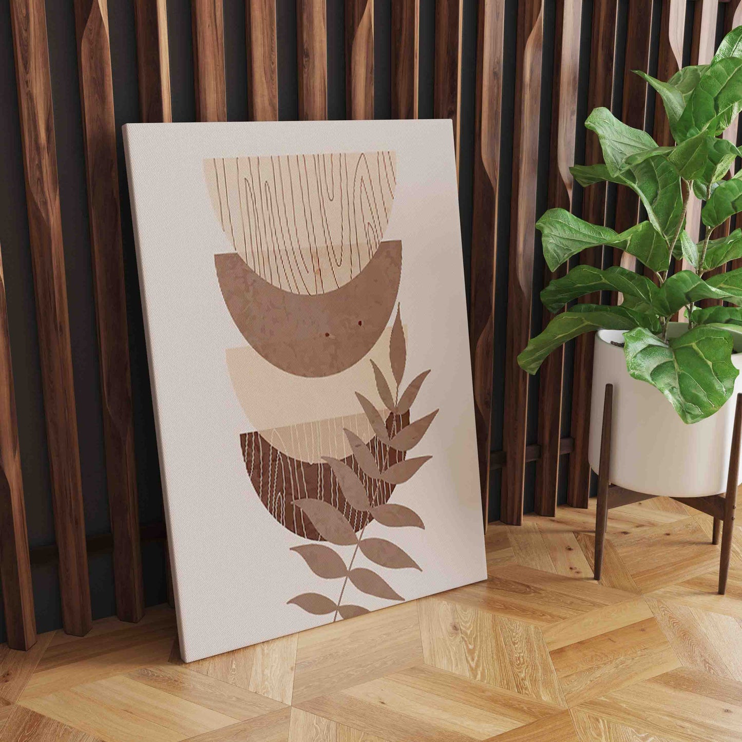 Monstera Leaves Geometric Abstract Boho Wall Art: Nordic Design in Beige for Living Room Decor S04E31