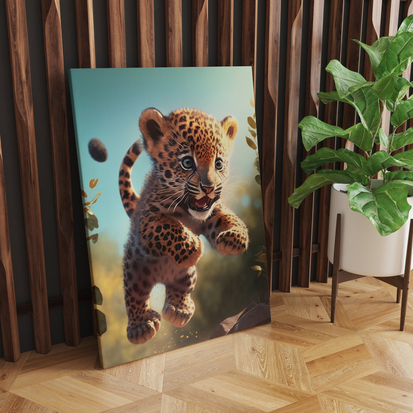 Whimsical Leap: A Wall Art Capturing the Playful Spirit of a Baby Leopard Jumping Over Stones in a Forest - Embrace the Joy of Nature's Marvels - S05E68